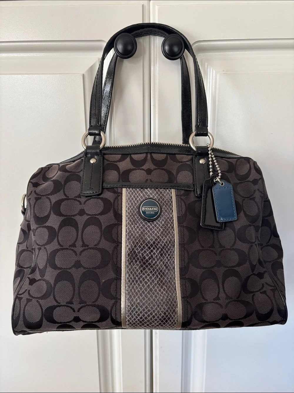 Coach Black and Brown Signature Satchel with Snake-Print Stripe